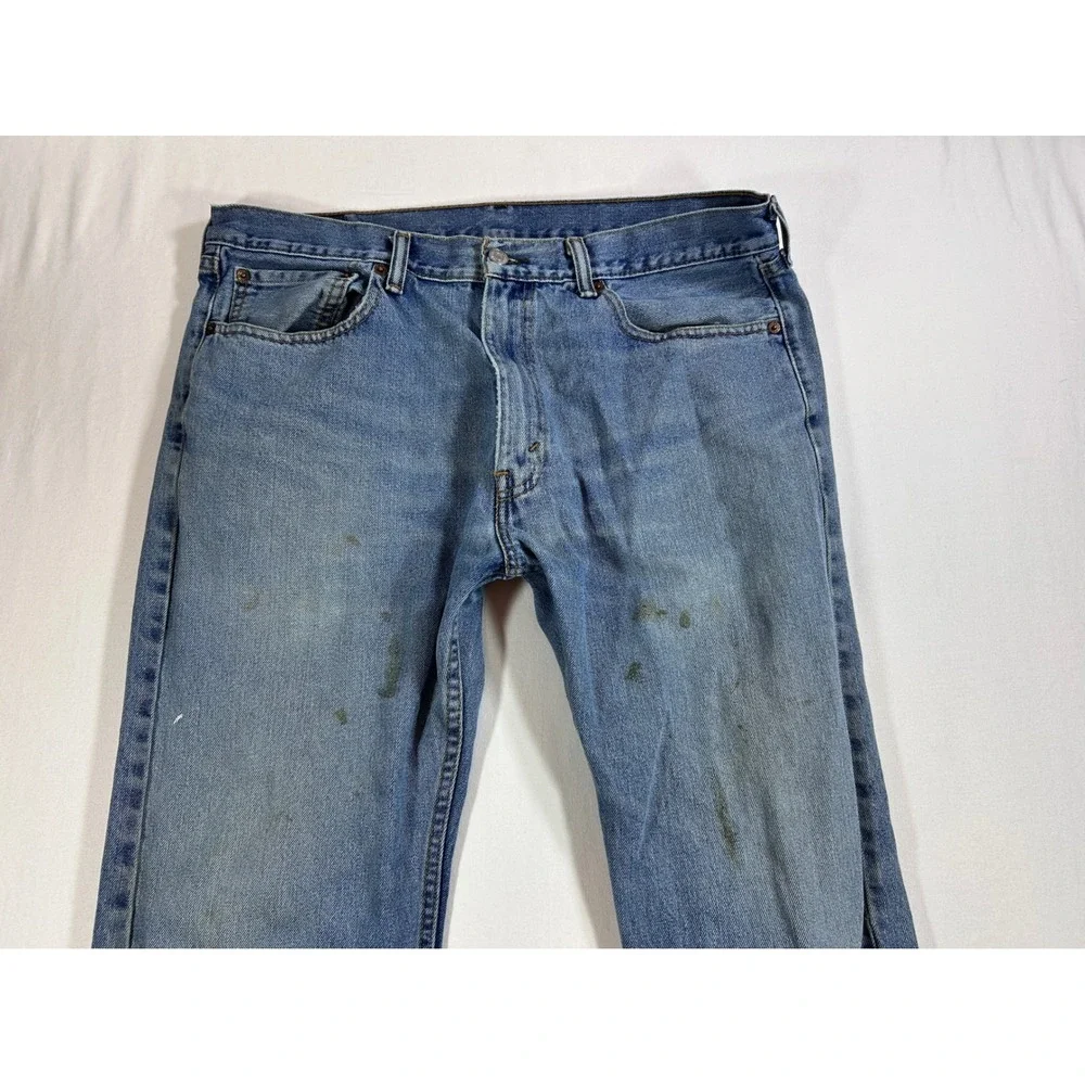 Levis 505 Regular Fit Jeans Mens 36x29 Blue Denim Distressed Workwear Stained